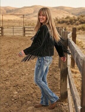 Skully Vintage Black Leather Fringe Concho Western Jacket EUC Size Large